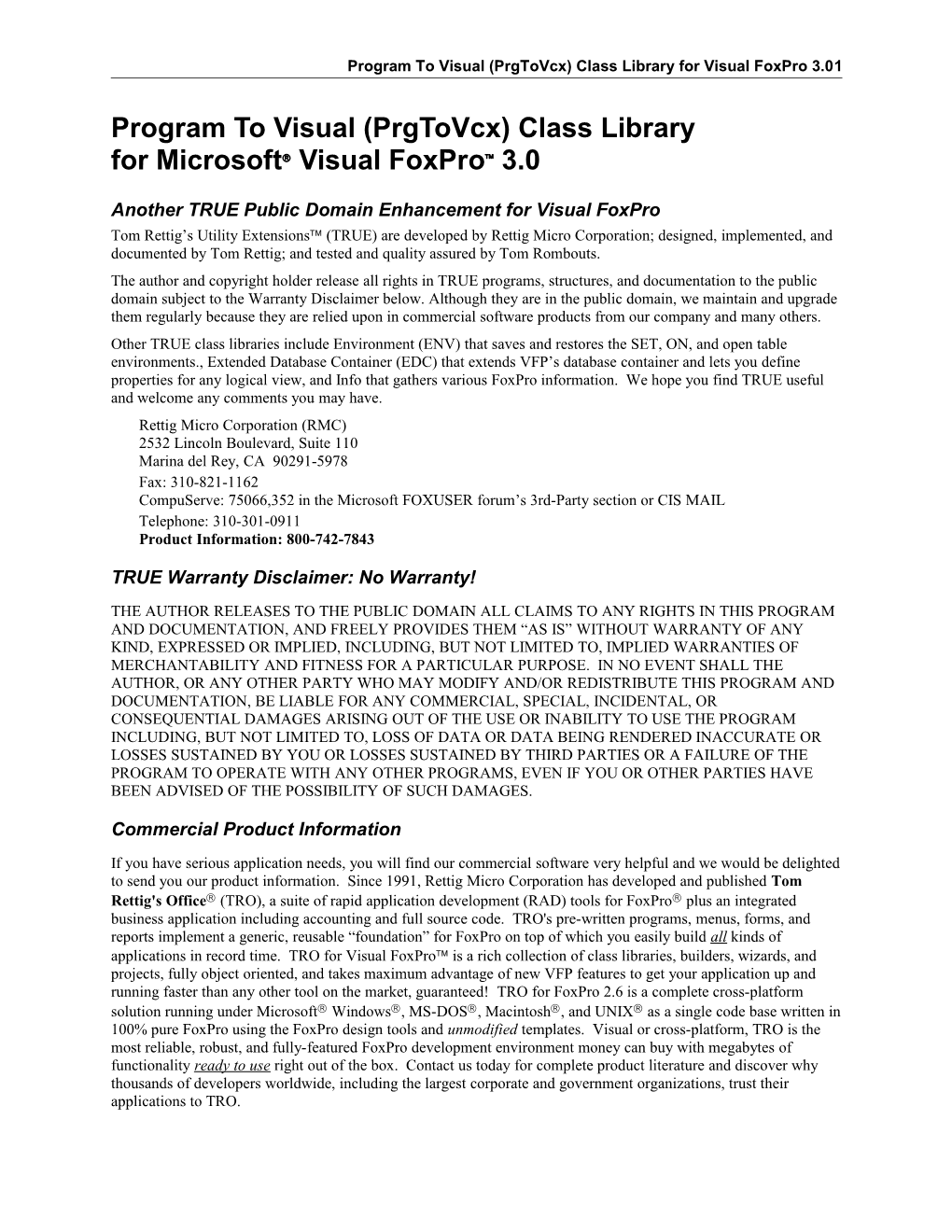 Program to Visual (Prgtovcx) Class Library for Visual Foxpro 3.0