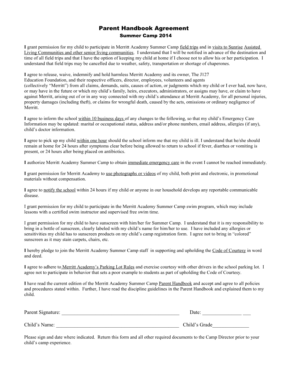 Parent Handbook Agreement