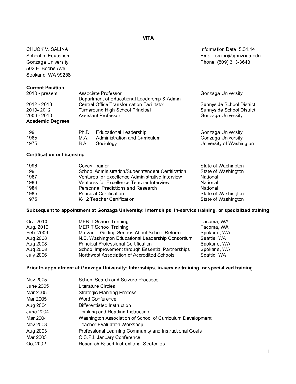 CHUCK V. Salinainformation Date: 5.31.14