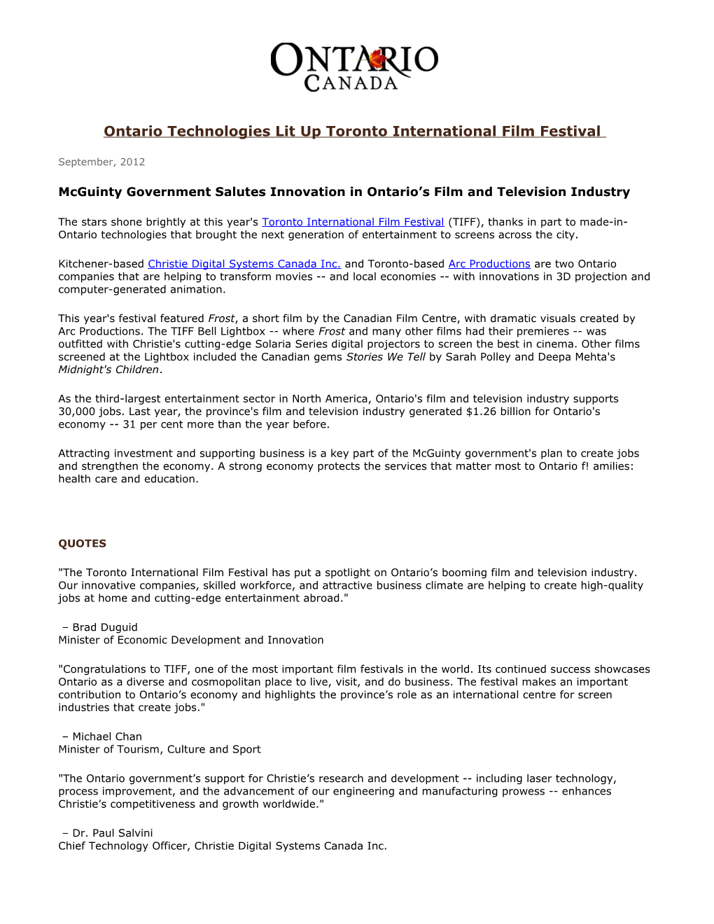 Ontario Technologies Lit up Toronto International Film Festival
