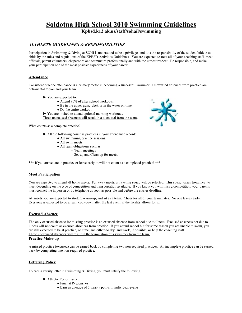 Soldotna High School 2001-2002 Swimming Guidelines