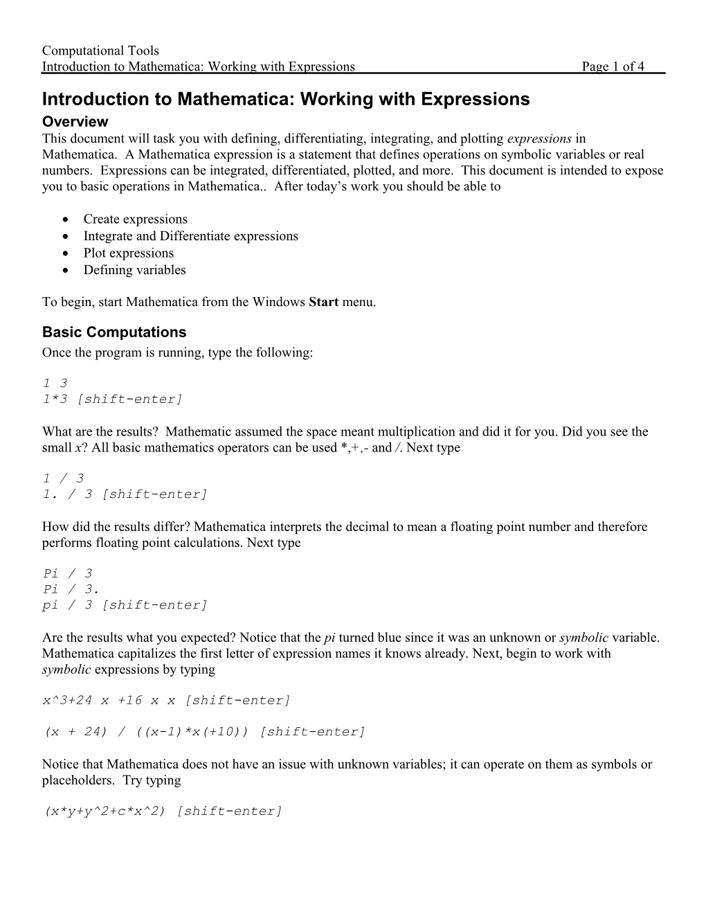 Introduction to Mathematica: Defining Variables, Differentiation, Integration, and Plotting