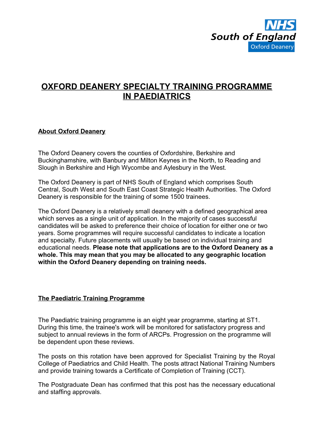 Oxford Deanery Specialty Training Programme in Paediatrics