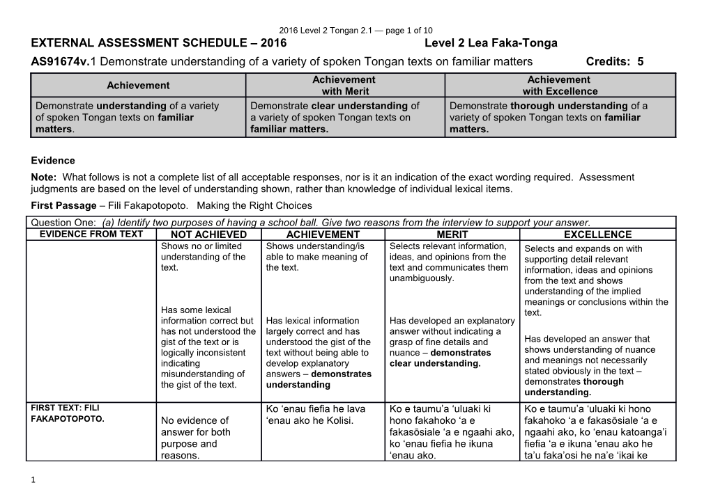 EXTERNAL ASSESSMENT SCHEDULE 2016 Level 2 Lea Faka-Tonga