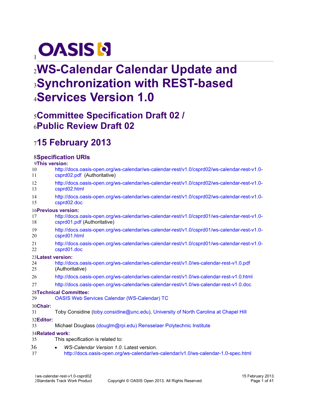 WS-Calendar Calendar Update and Synchronization with REST-Based Services Version 1.0