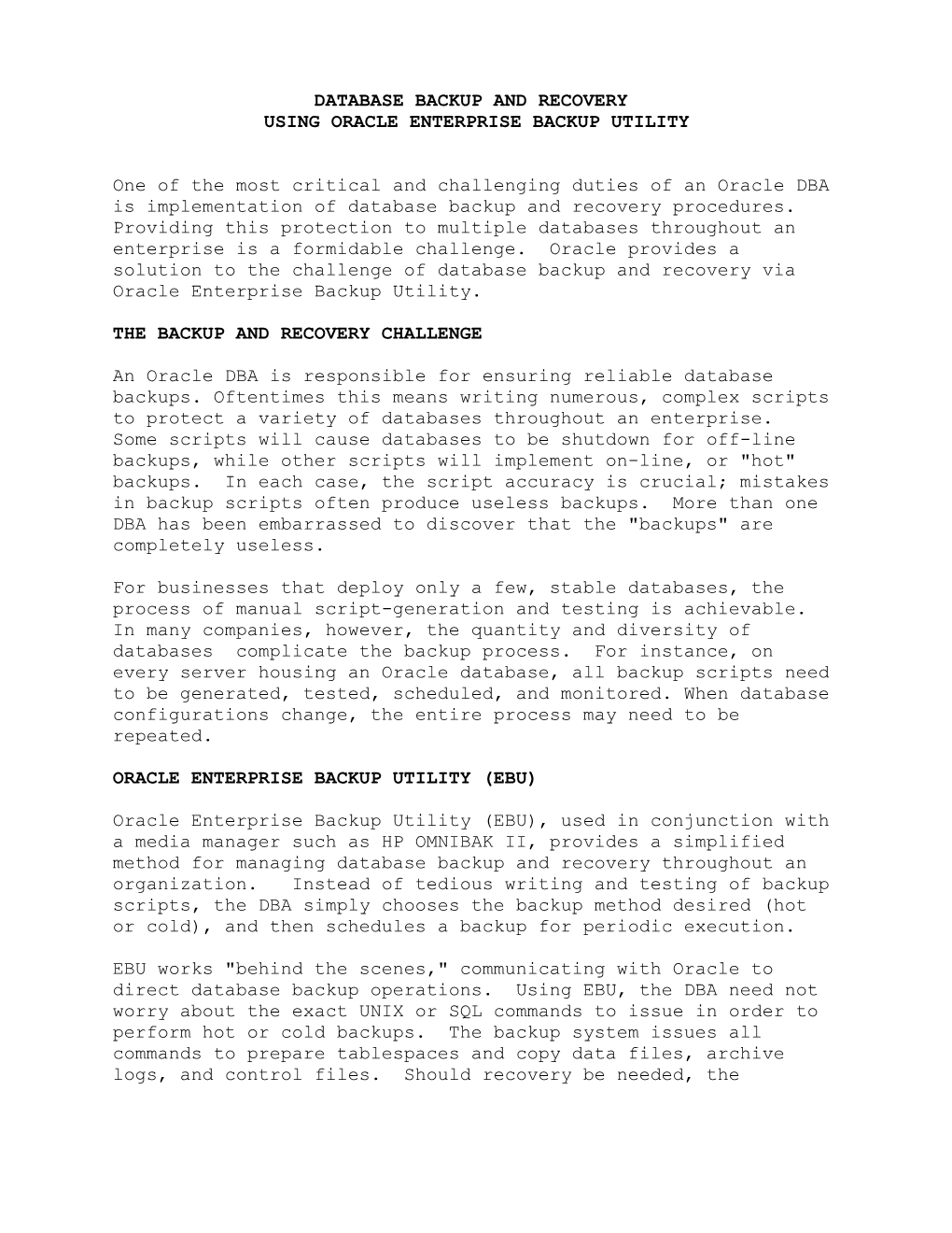 Database Backup and Recovery Using Oracle Enterprise Backup Utility