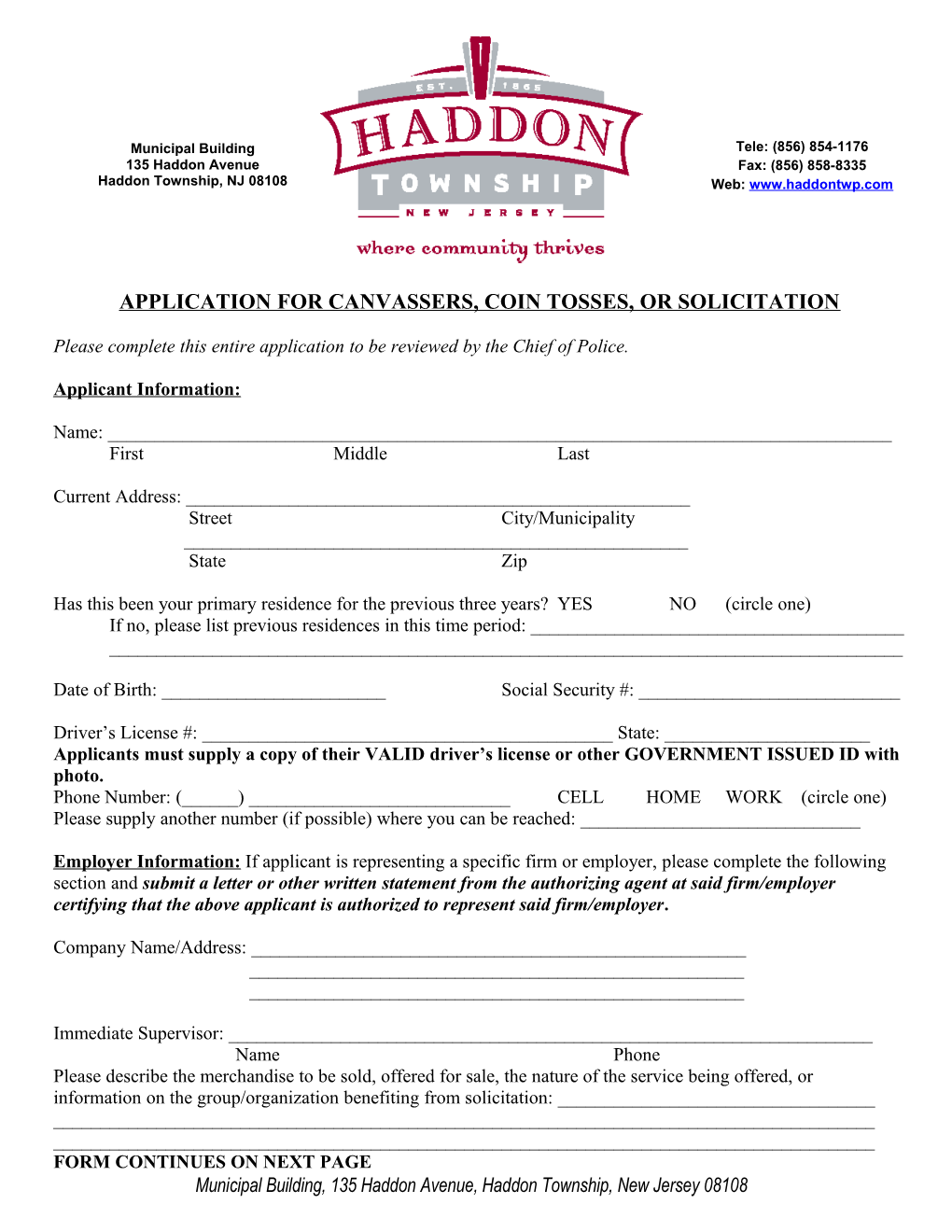 Application for Canvassers, Coin Tosses, Or Solicitation