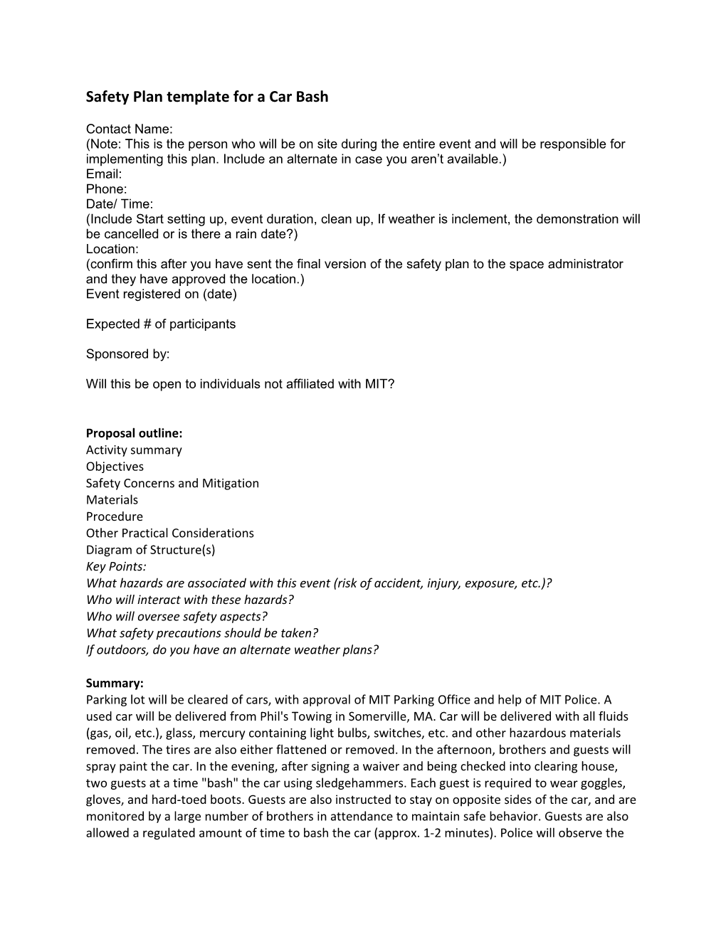 Safety Plan Template for a Car Bash