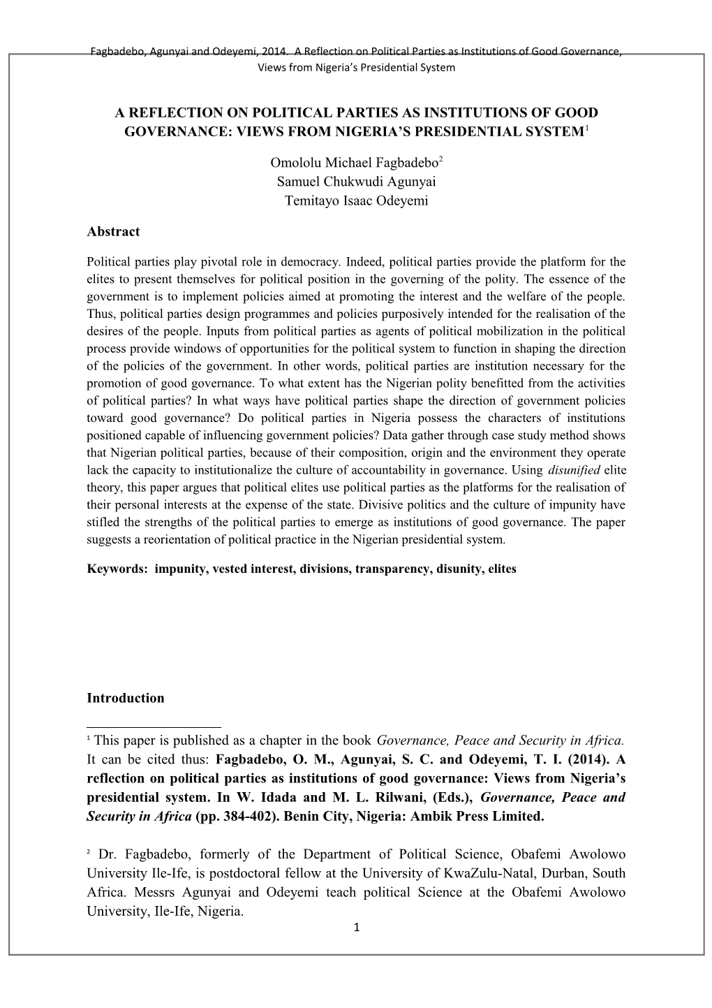 Fagbadebo, Agunyai and Odeyemi, 2014. a Reflection on Political Parties As Institutions