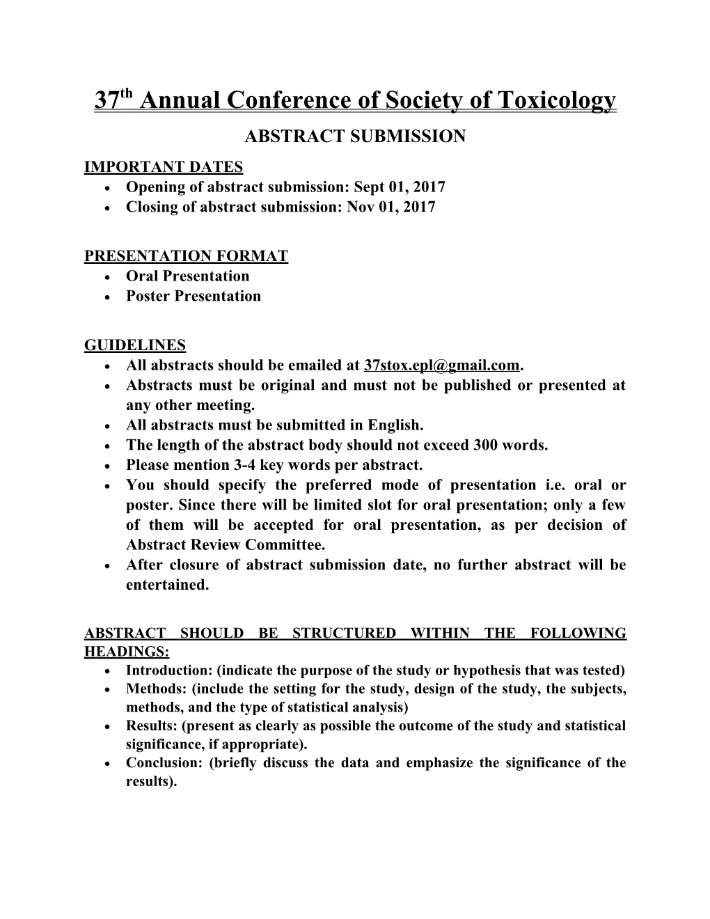 37Th Annual Conference of Society of Toxicology