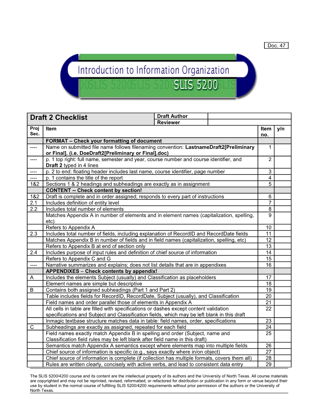 SLIS 5200: Organizaiton Draft 2Checklist