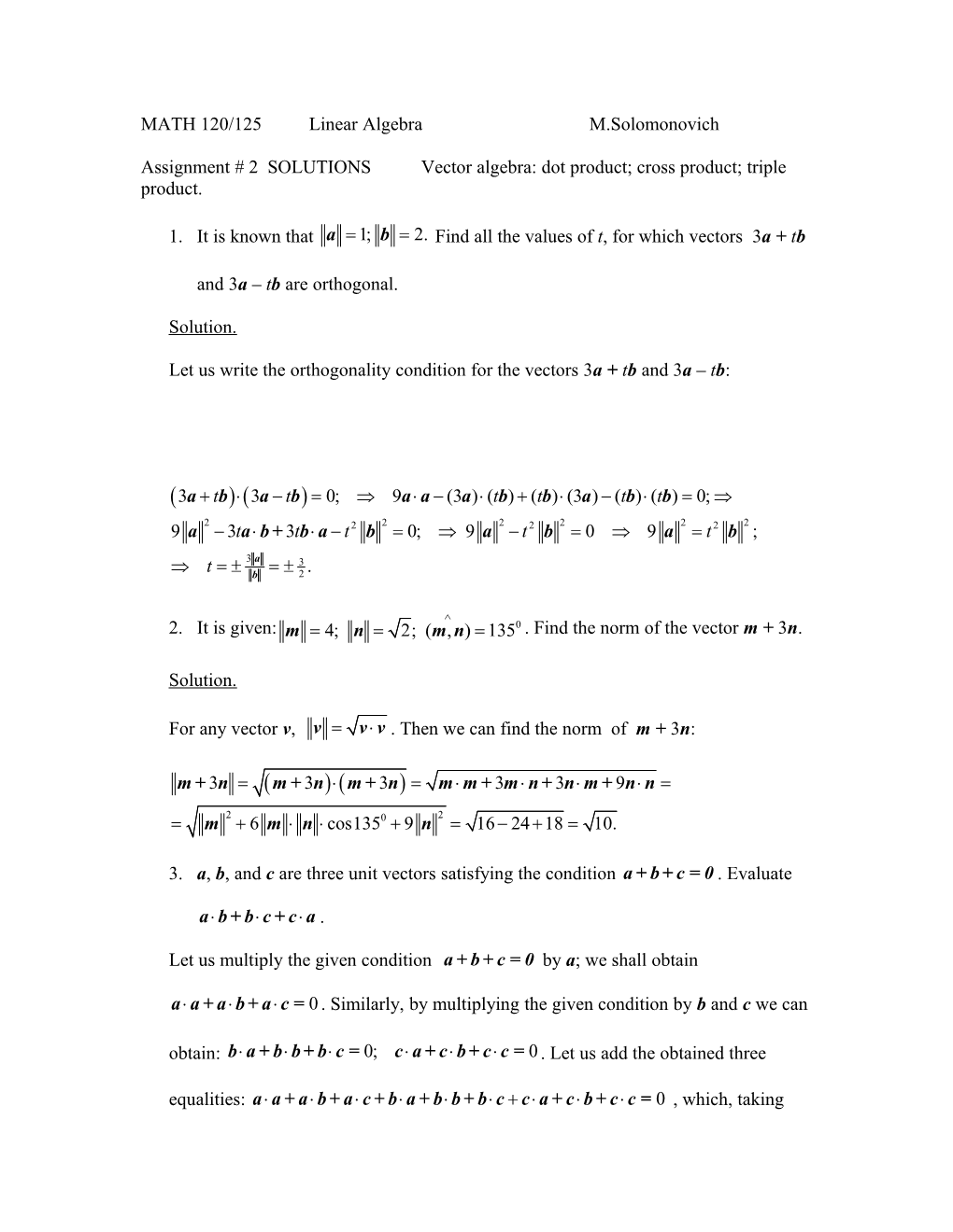 Assignment # 2 Solutionsvector Algebra: Dot Product; Cross Product; Triple Product