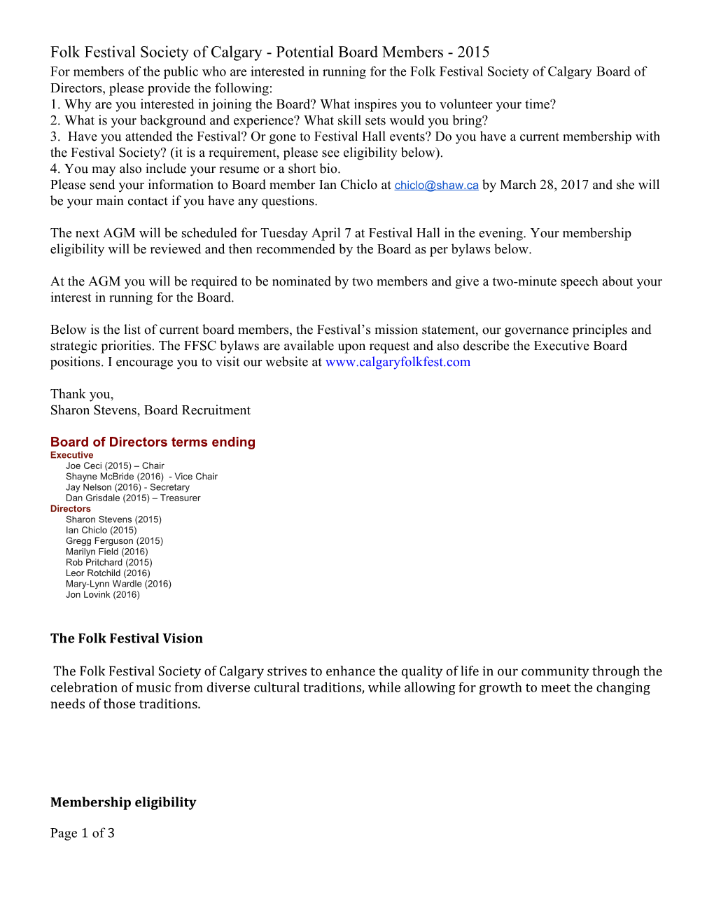 Folk Festival Society of Calgary - Potential Board Members - 2015