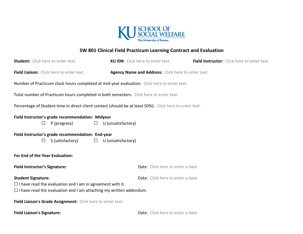 SW 801 Clinical Field Practicum Learning Contract and Evaluation