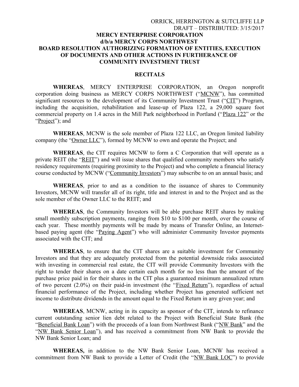 MERCY ENTERPRISE CORPORATION D/B/A MERCY CORPS NORTHWEST BOARD RESOLUTION AUTHORIZING