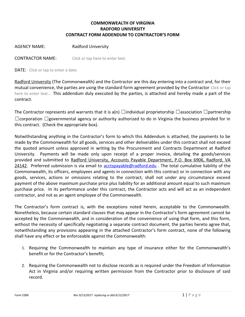 Contract Form Addendum to Contractor S Form