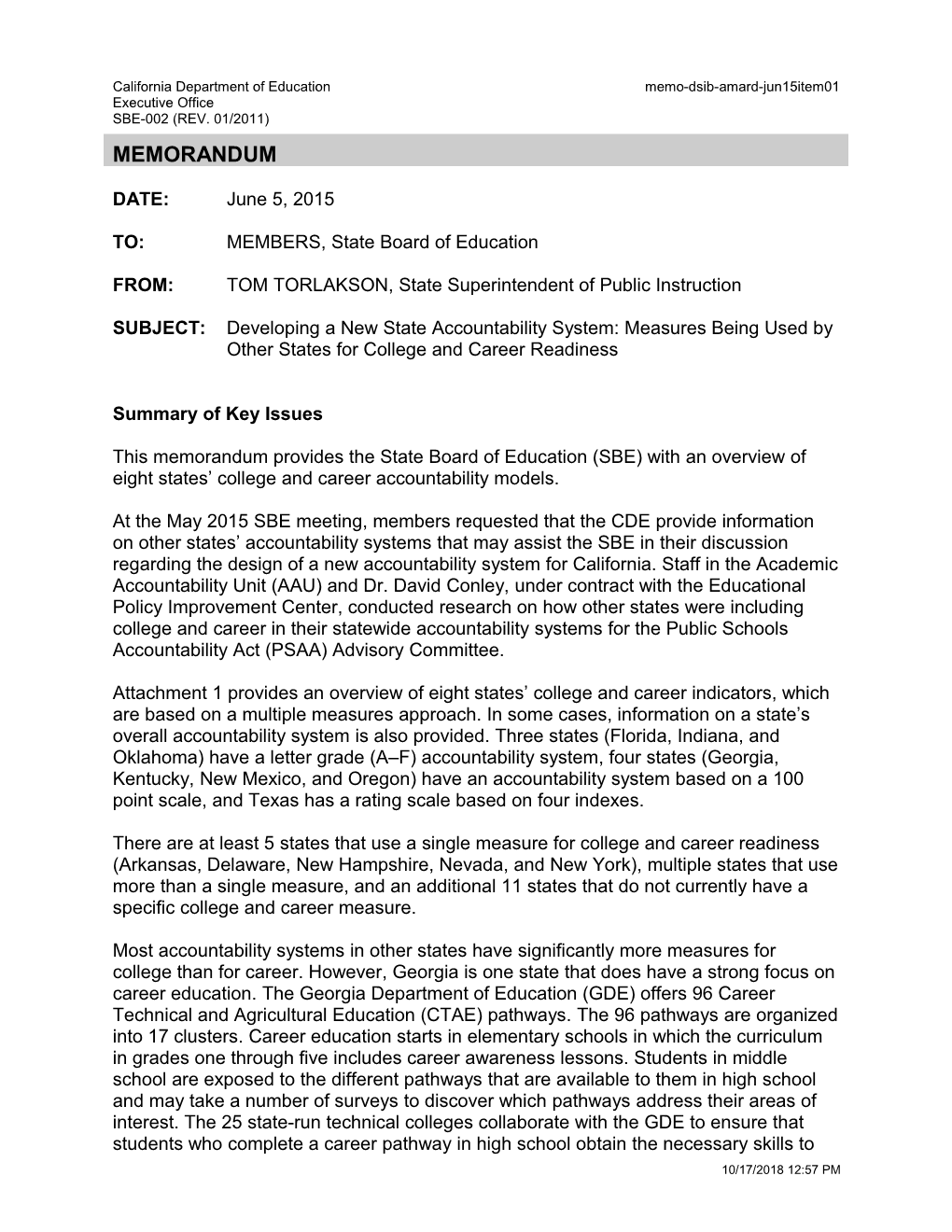 June 2015 Memorandum AMARD Item 01 - Information Memorandum (CA State Board of Education)