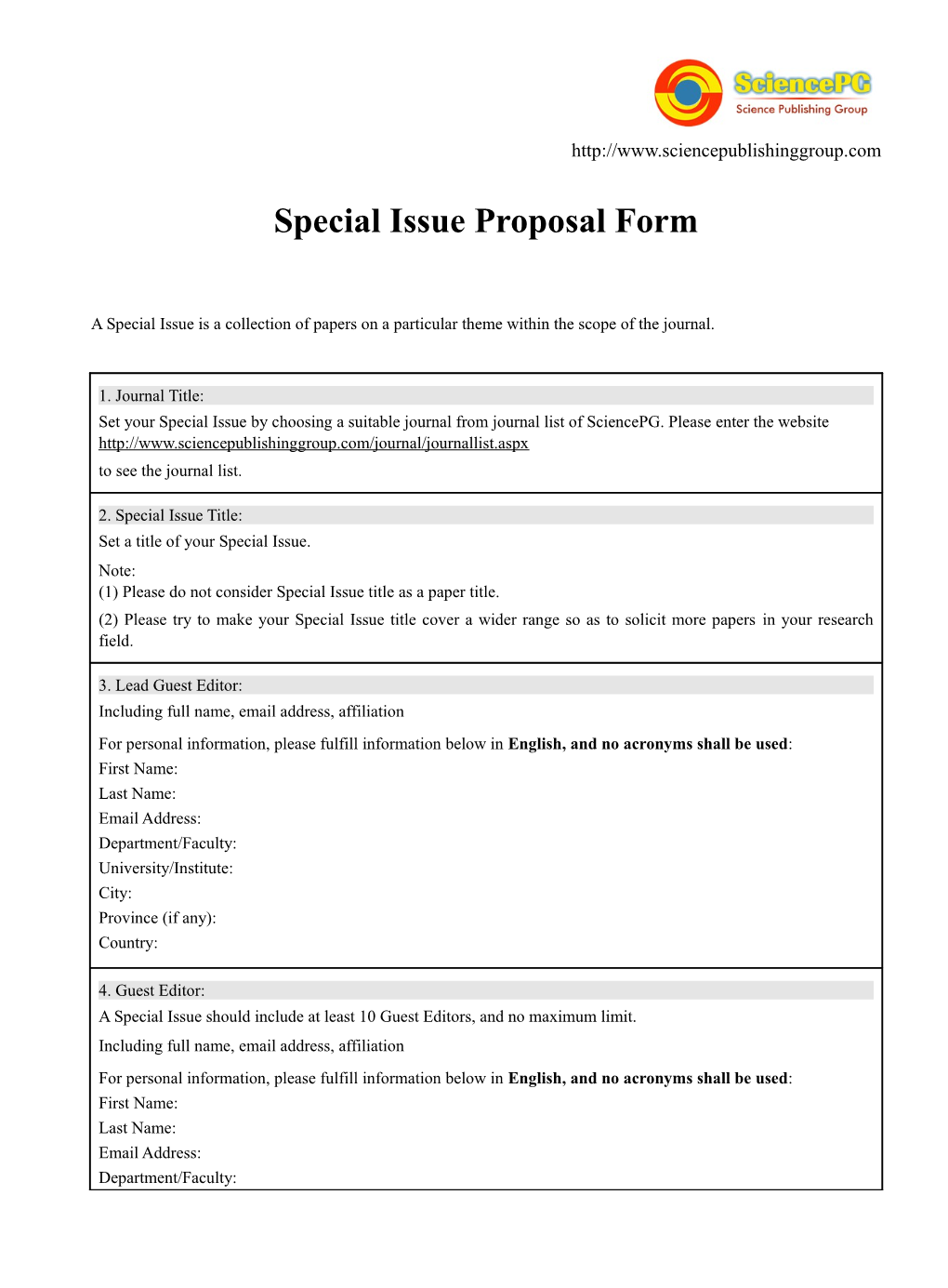 Special Issue Proposal Form