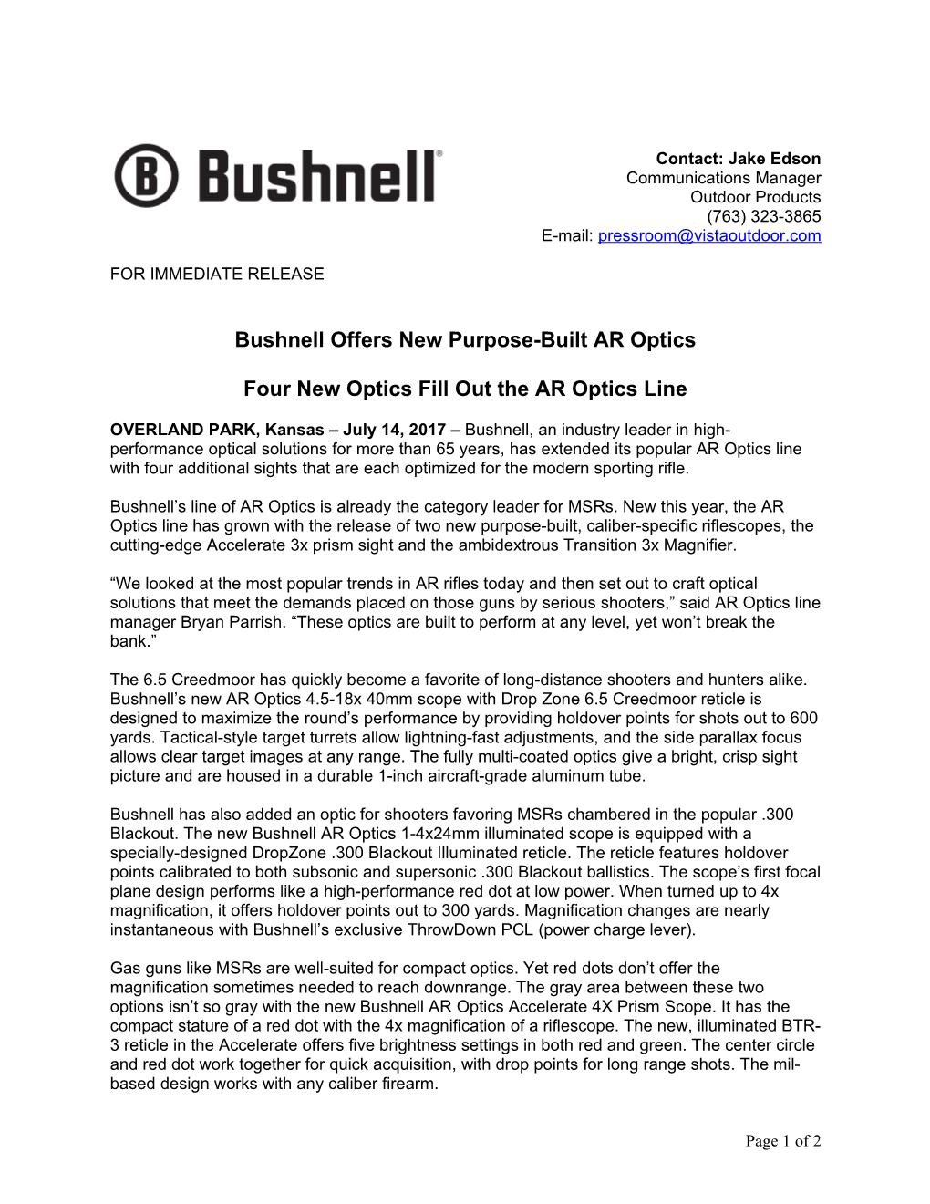 Bushnell Offers New Purpose-Built AR Optics