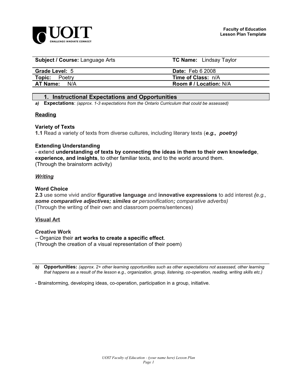 Faculty of Education Lesson Plan Template