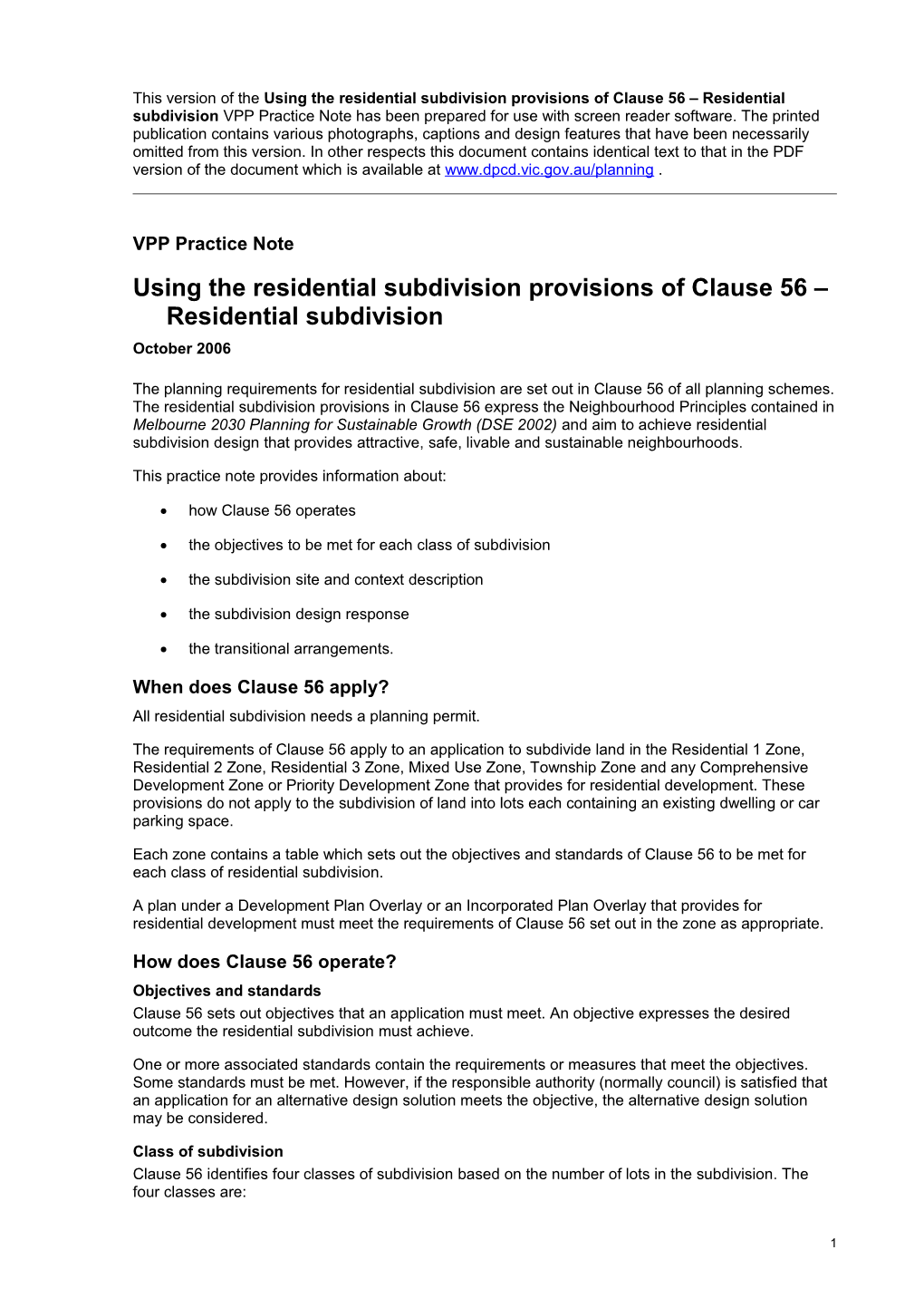 Planning Practice Note 40: Using the Residential Subdivision Provisions of Clause 56 Residential