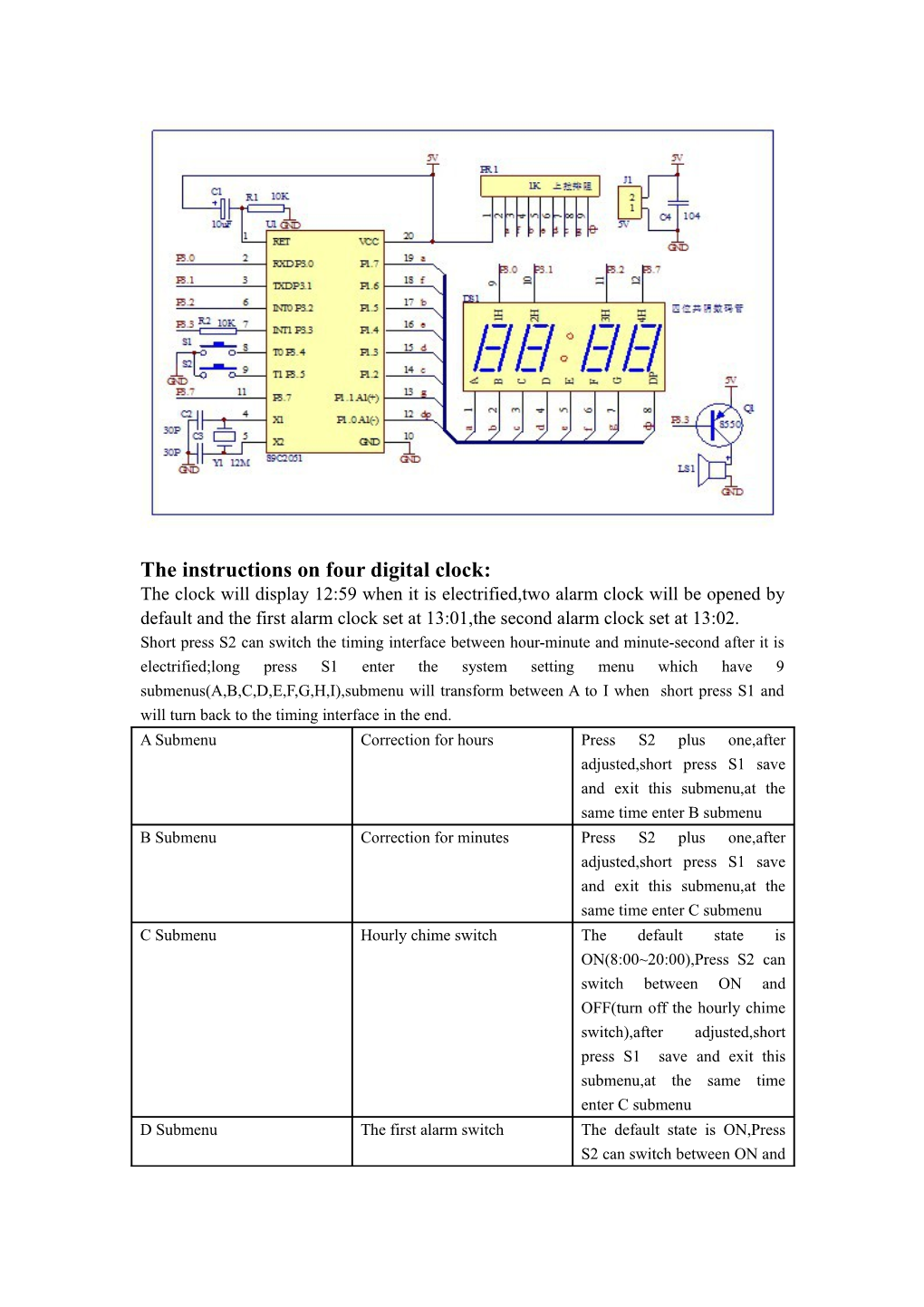 The Instructions on Four Digital Clock