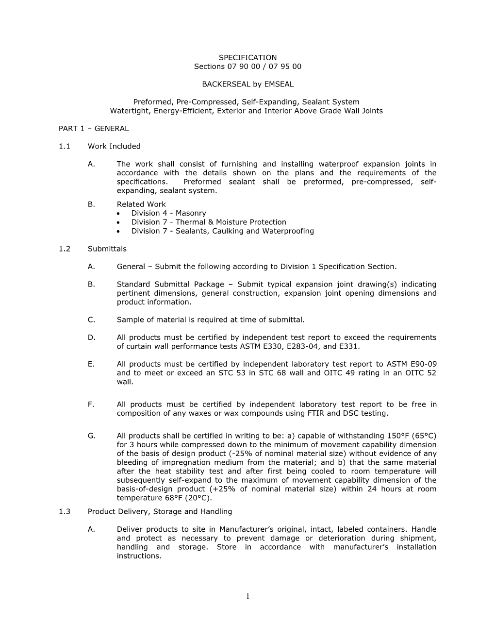 EMSEAL Backerseal 3-Part Guide Specification