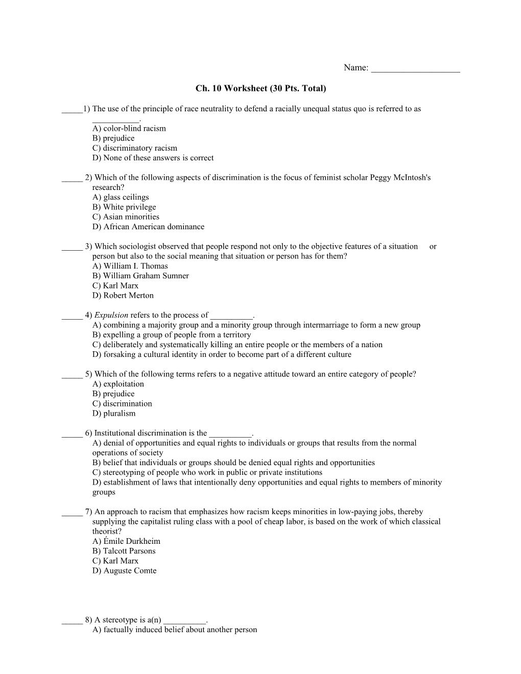Ch. 10Worksheet (30 Pts. Total)