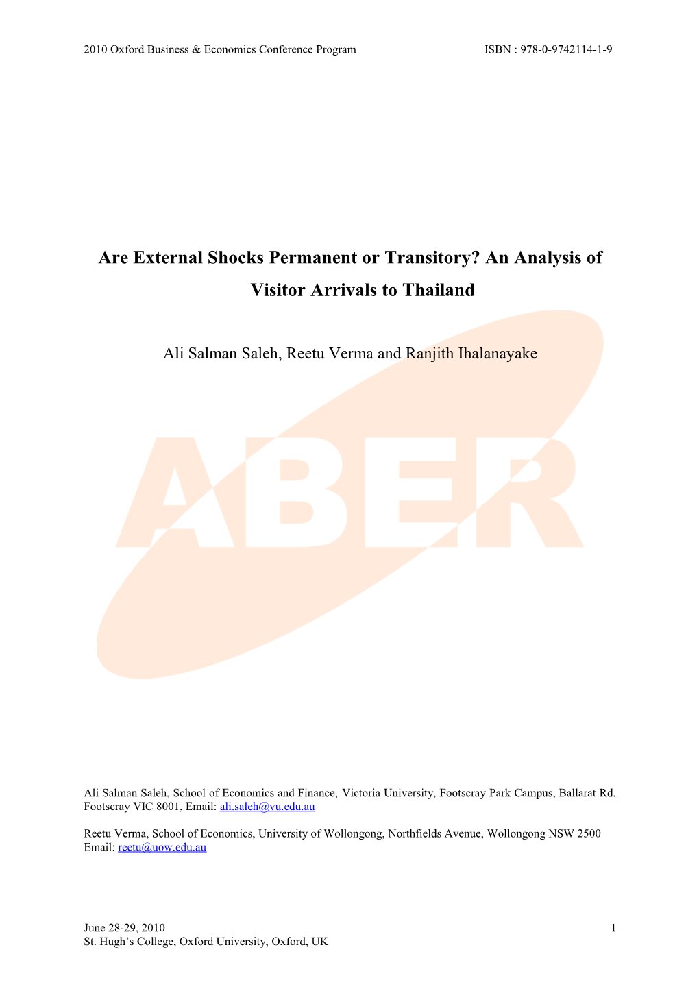 Are External Shocks Permanent Or Transitory? an Analysis of Visitor Arrivals to Thailand