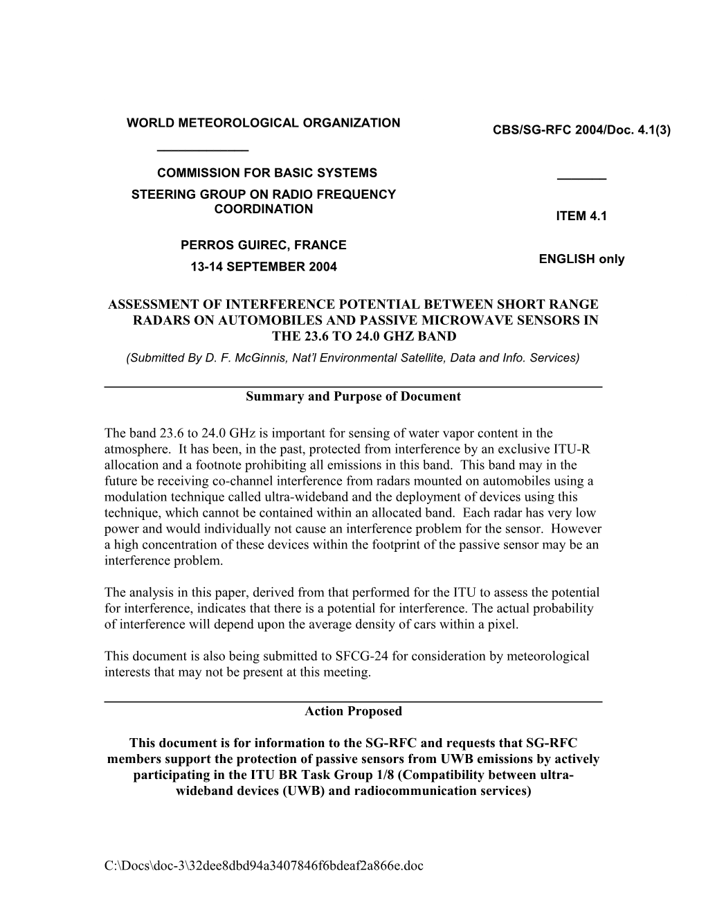 Assessment of Interference Potential Between Short Range Radars on Automobiles and Passive