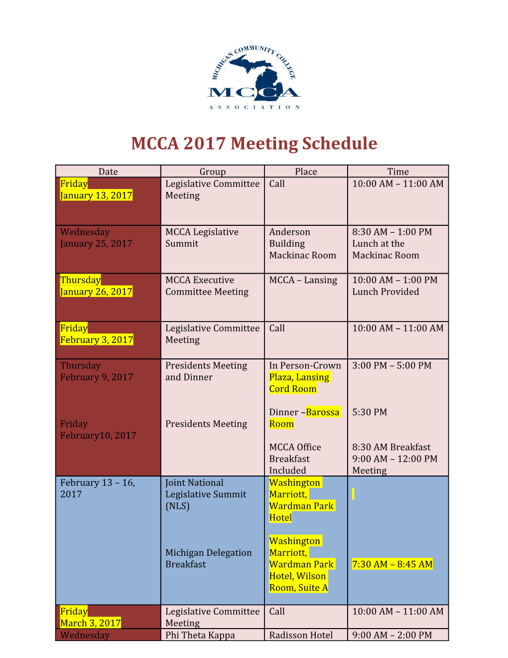 MCCA 2017 Meeting Schedule