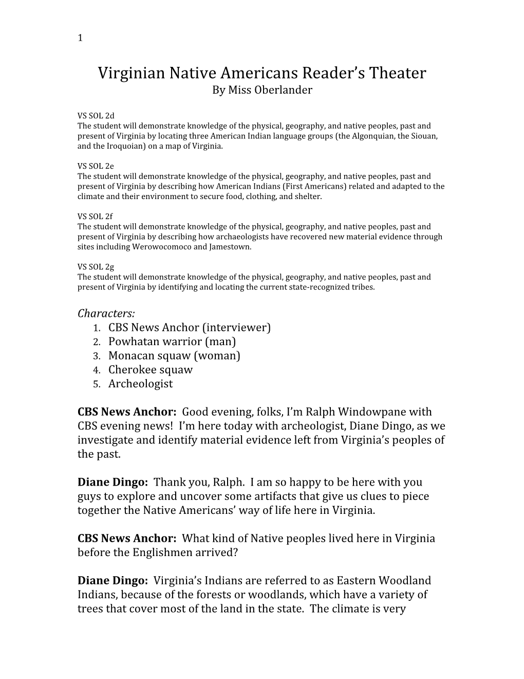 Virginian Native Americans Reader S Theater