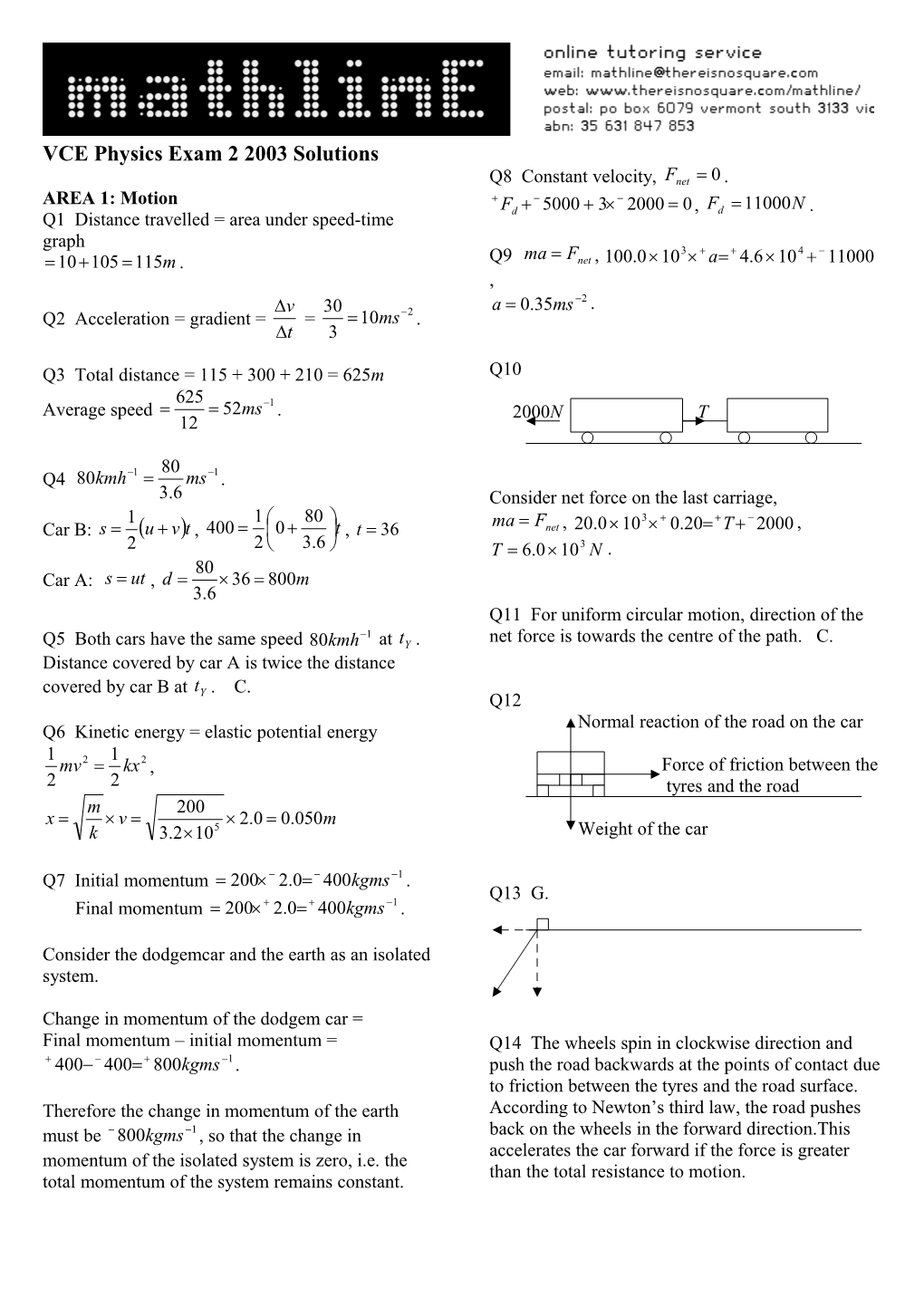 VCE Physics Exam 2 2003 Solutions