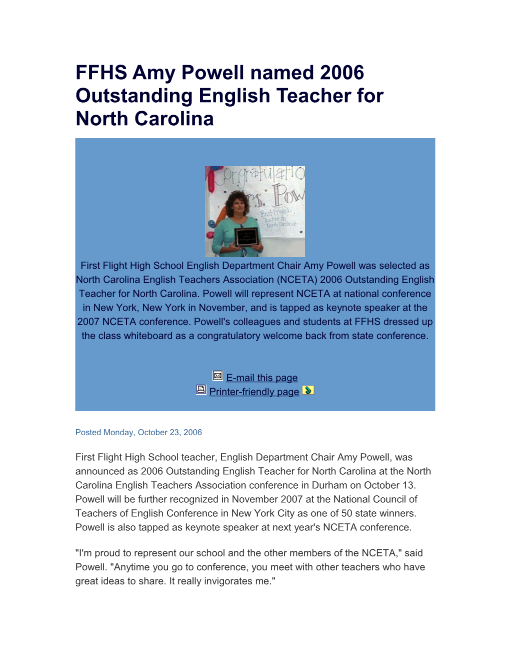 FFHS Amy Powell Named 2006 Outstanding English Teacher for North Carolina