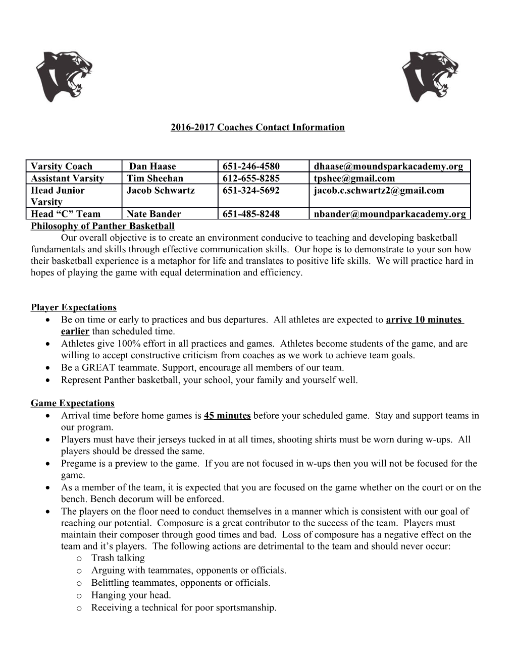 2016-2017 Coaches Contact Information