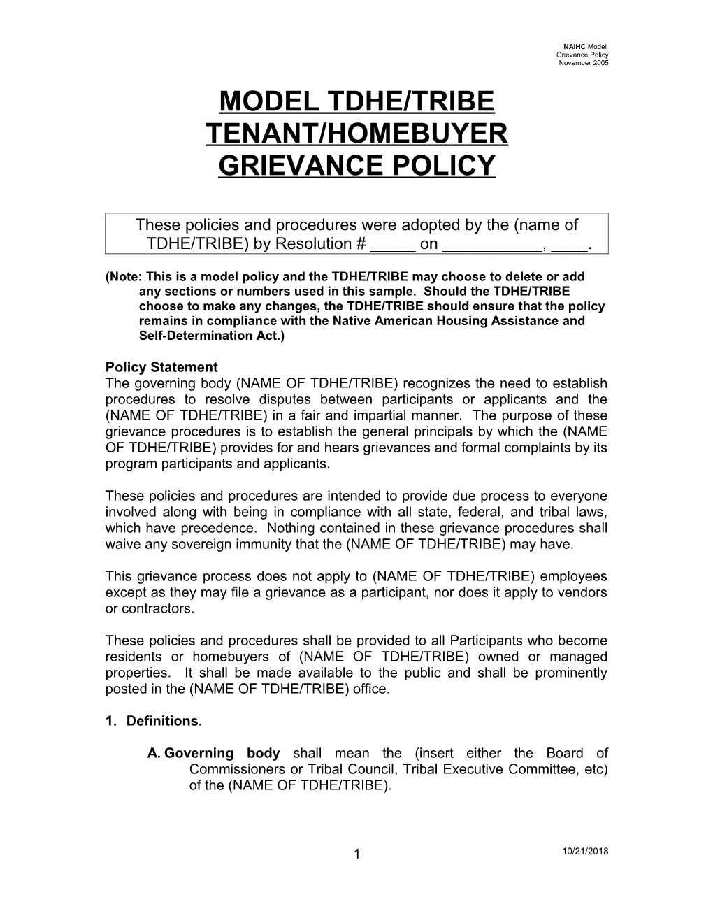 Tenant/Homebuyer Grievance Policy