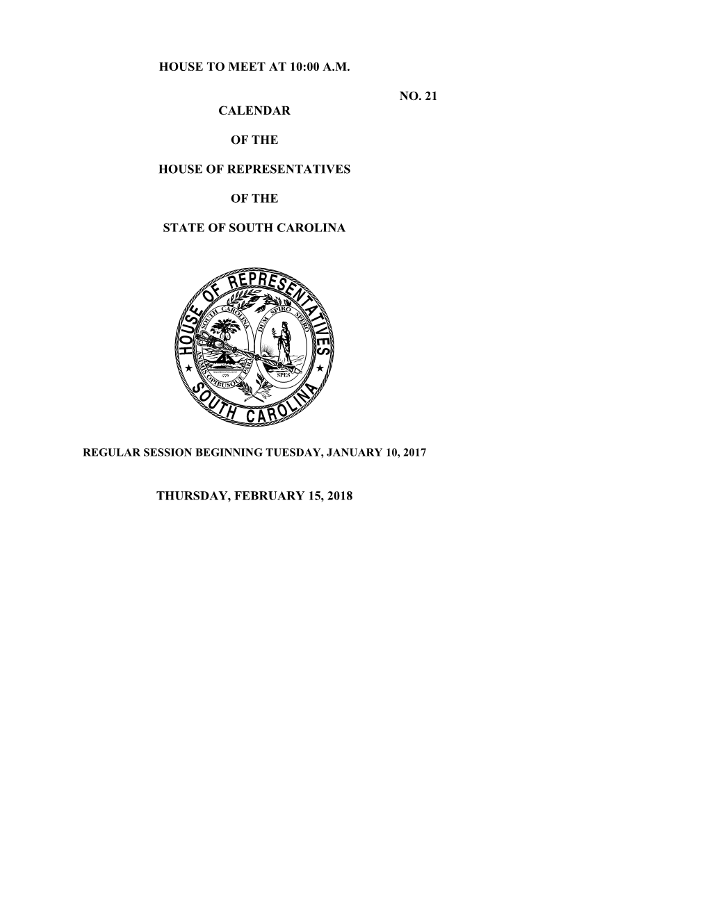 House Calendar for 2/15/2018 - South Carolina Legislature Online