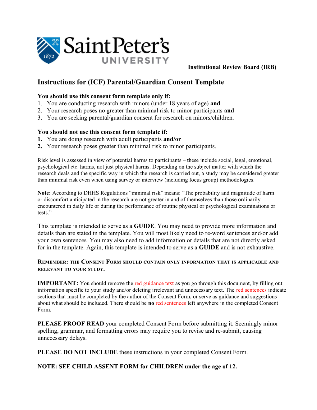 Instructions For(ICF) Parental/Guardian Consent Template