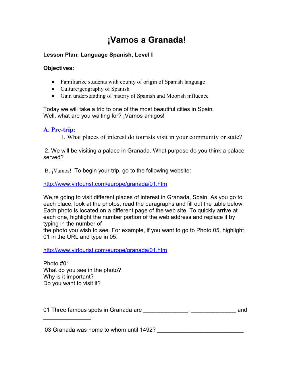 Lesson Plan: Language Spanish, Level I