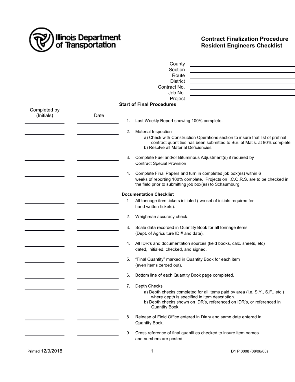 Contract Finalization Procedure Resident Engineers Checklist