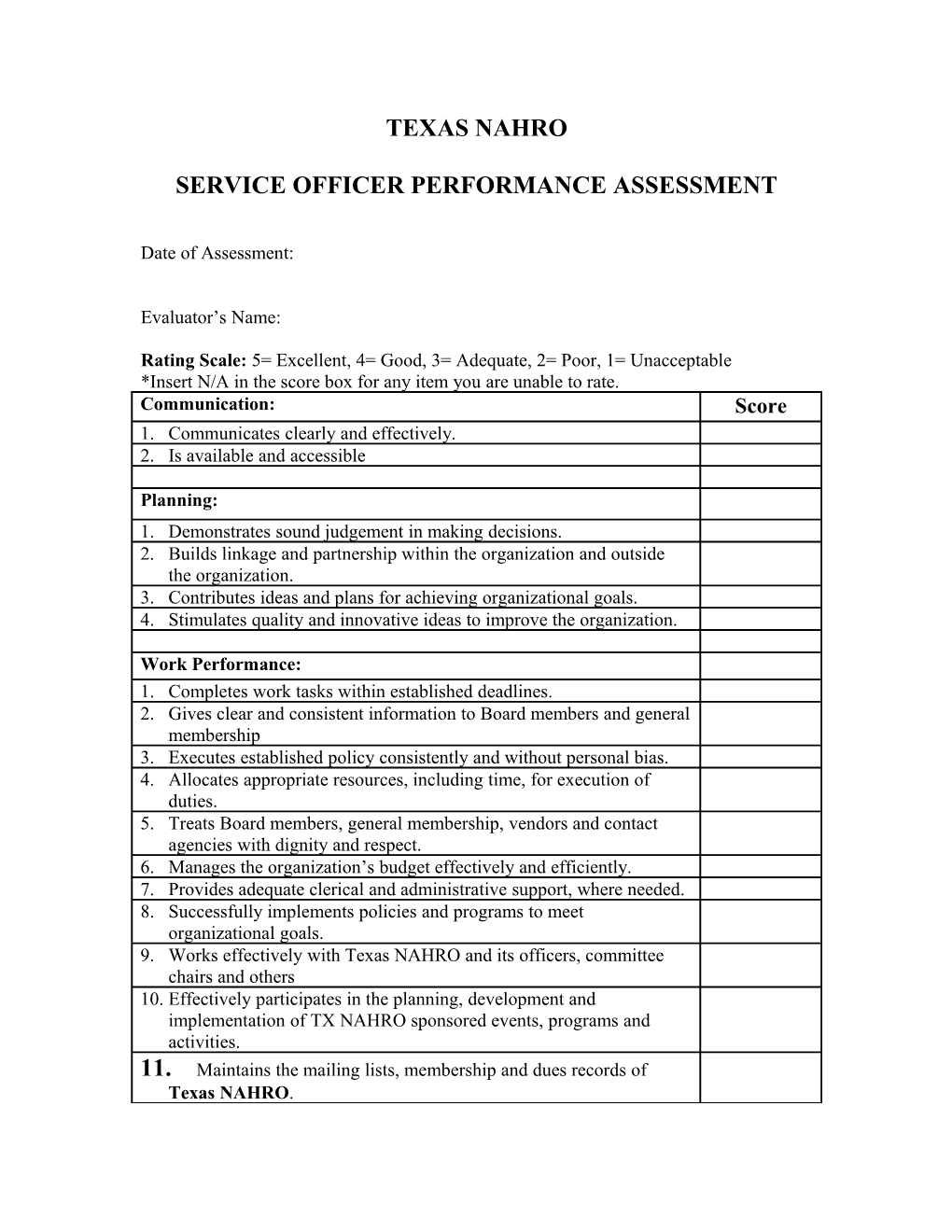 Service Officer Performance Assessment