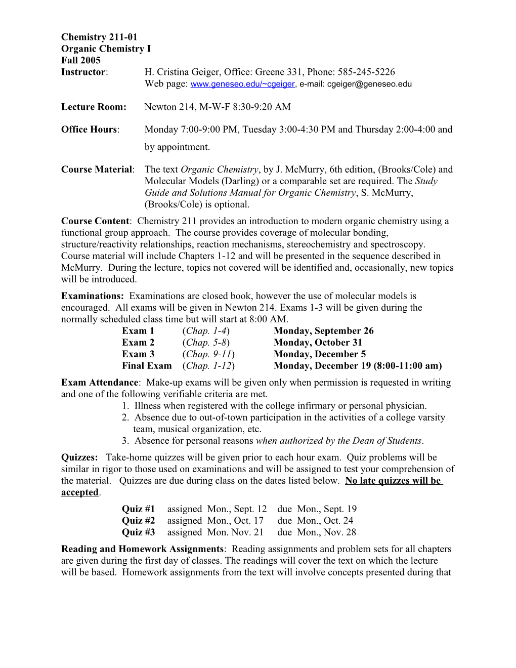 Chemistry 211 - Organic Chemistry I, Fall 1997