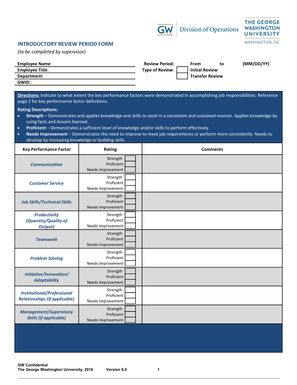 INTRODUCTORY REVIEW PERIOD FORM (To Be Completed by Supervisor)
