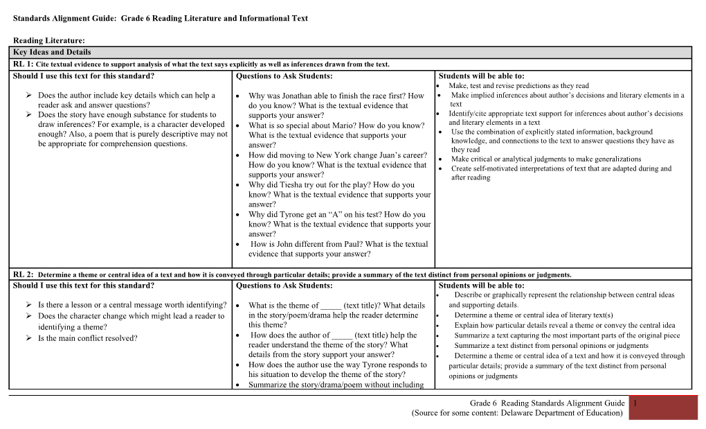 Standards Alignment Guide: Grade6 Reading Literature and Informational Text
