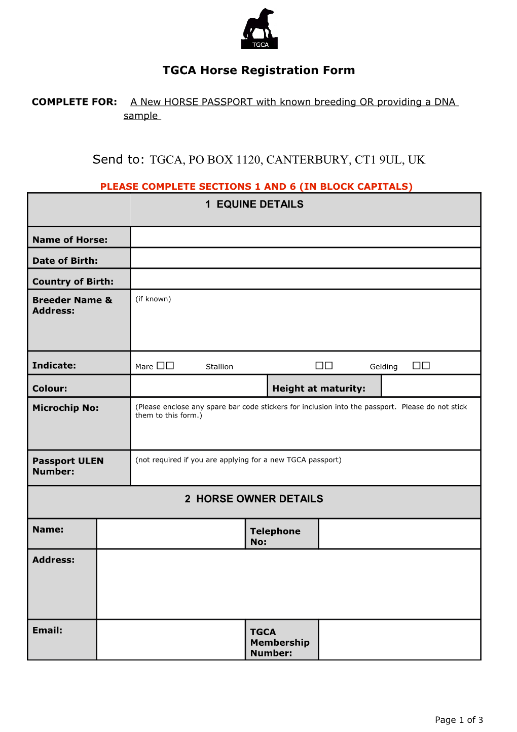 TGCA Horse Registration Form