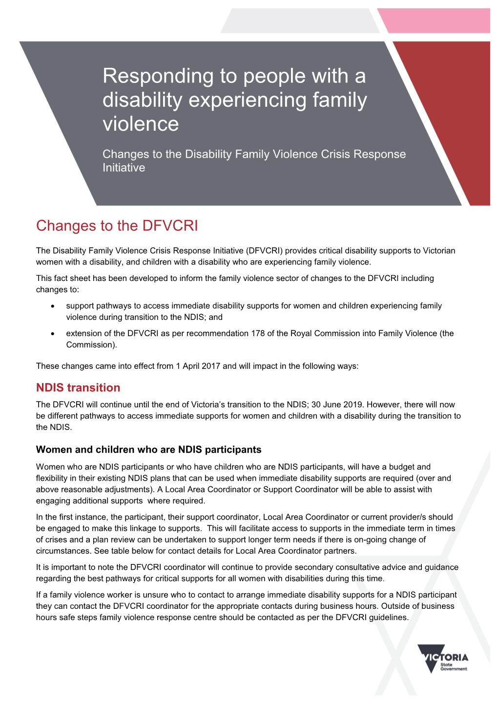 Information Sheet for the Family Violence Sector April 2017