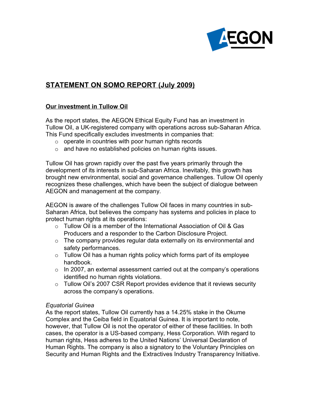 Our Investment in Tullow Oil