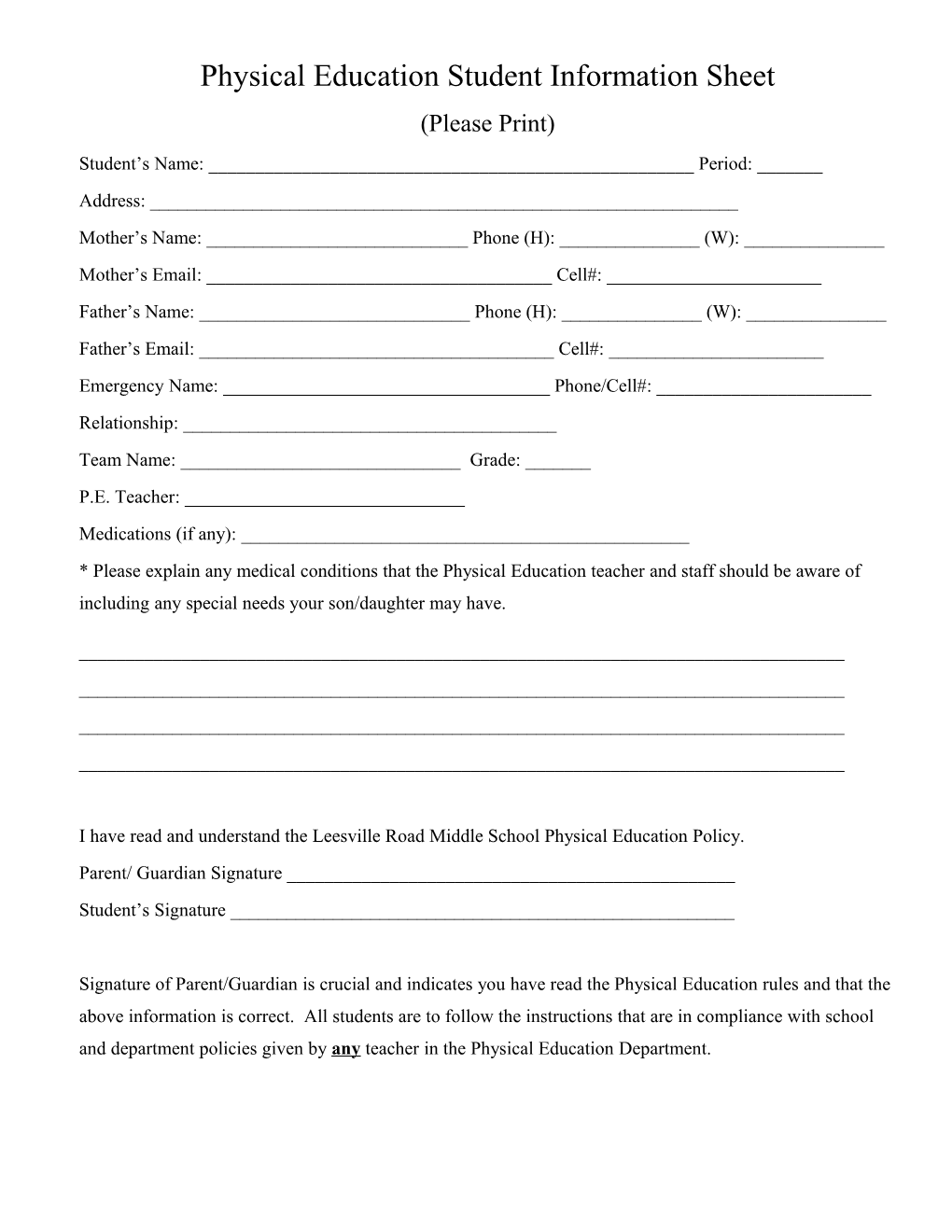 Physical Education Student Information Sheet