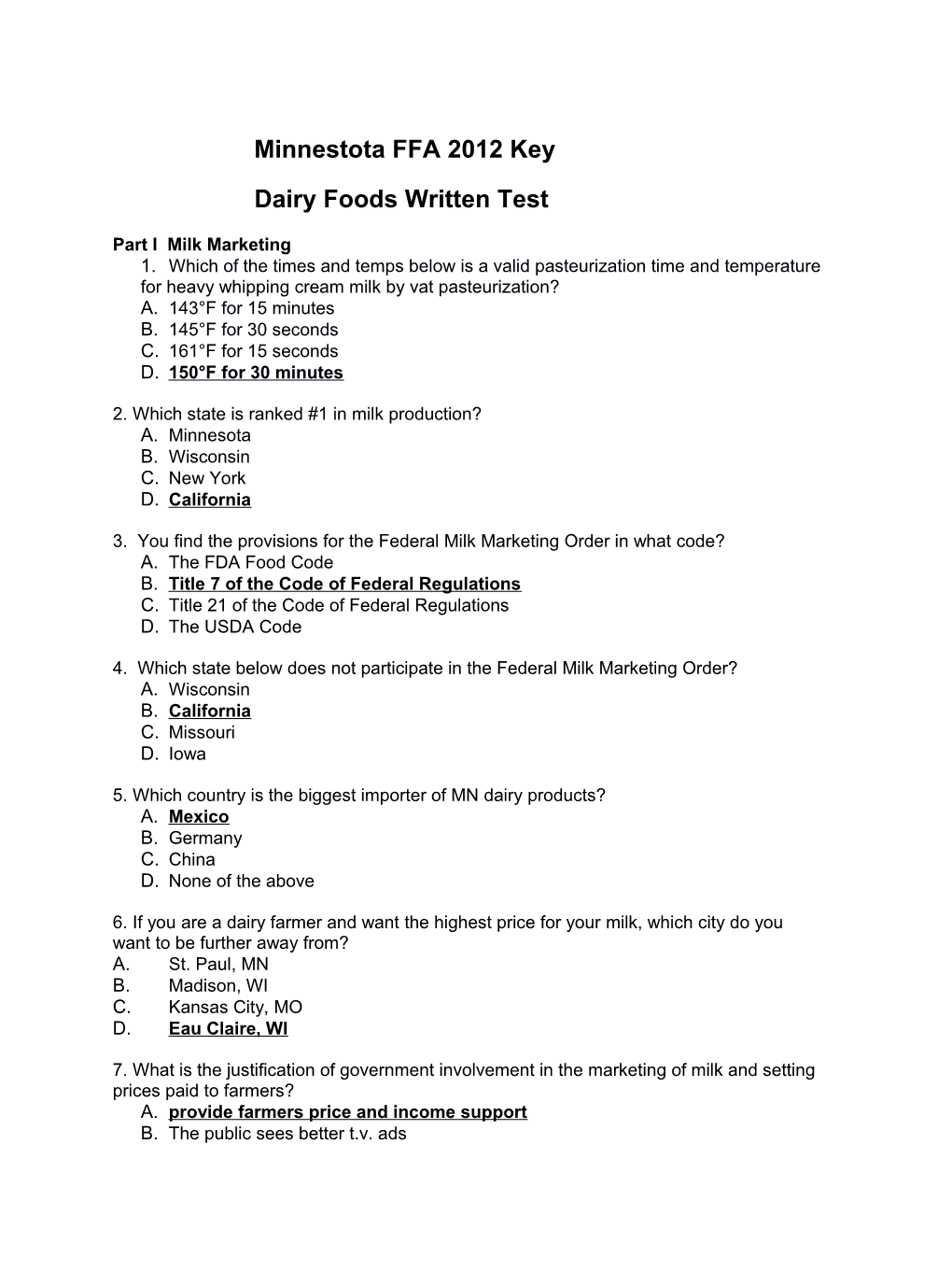 Dairy Foods Written Test