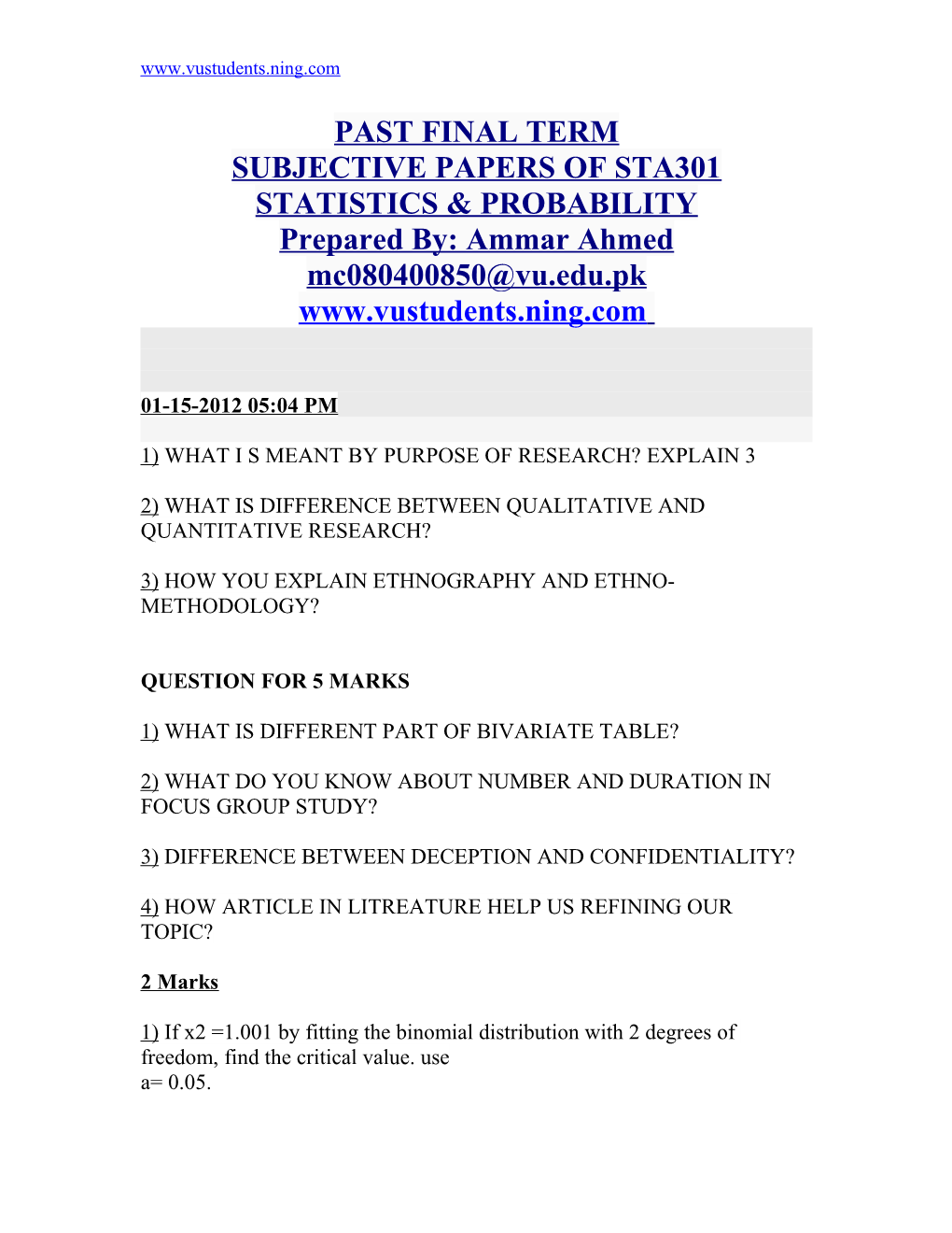 Subjective Papers of Sta301